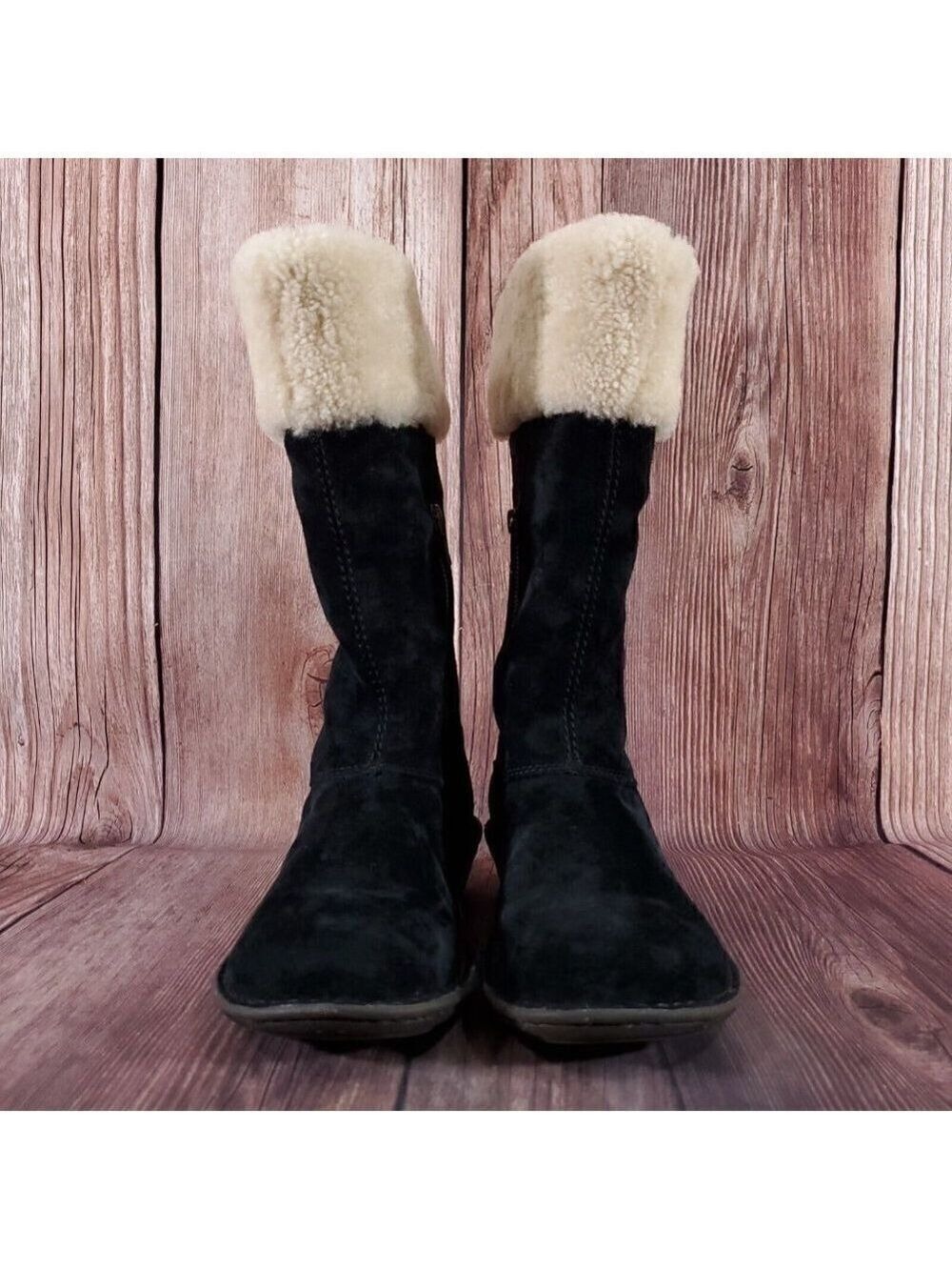 Ugg Karyn Womens Sz 7 Black Suede Leather Mid Calf Cuff Shearling Boots 1005449 - Picture 8 of 16